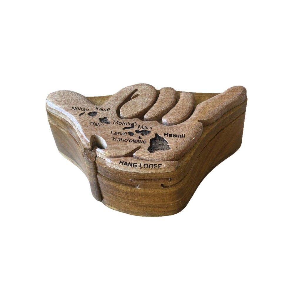 VTG Carved Wood Hawaii Hang Loose Hand Puzzle Box W Carved Islands Trinket Box - Picture 2 of 15